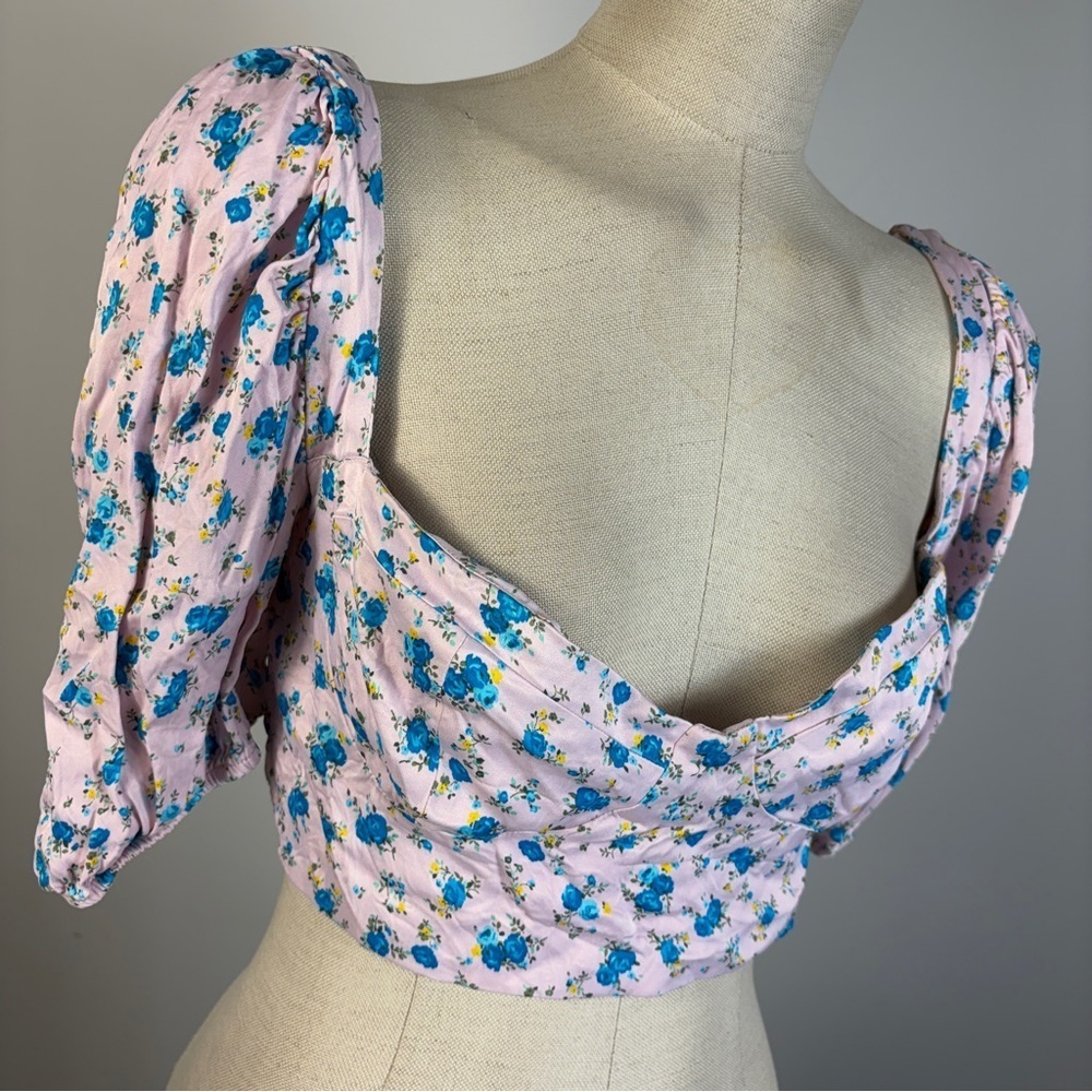 Zara Pink Blue Floral Print Corset Bustier Crop Top Puff Sleeves L - Picture 4 of 9